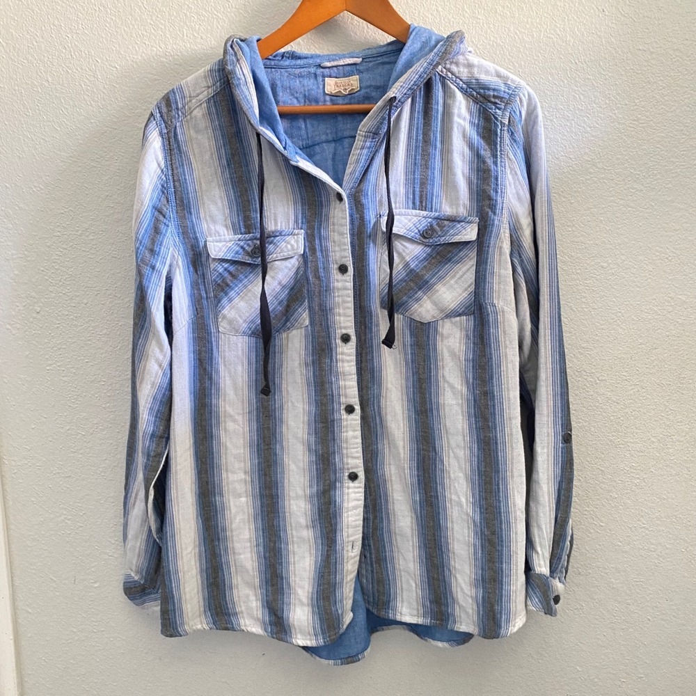 Blue Striped Hooded Button Down Shirt Mens soft Gauze Cotton Blend Beach
